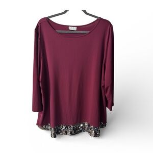 Joan Rivers Women’s Burgundy Sequin Detail Long Sleeve Top